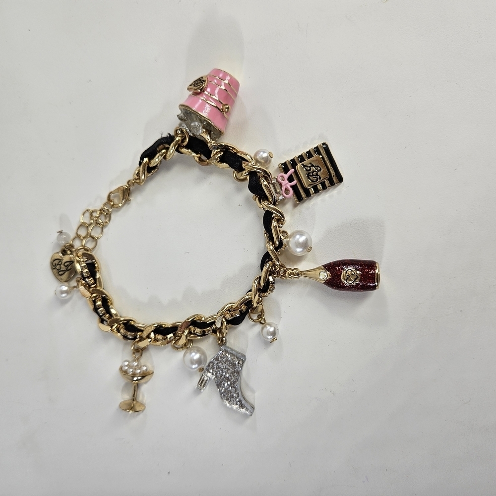 Gold Charm Bracelet with Pink and Silver Accents